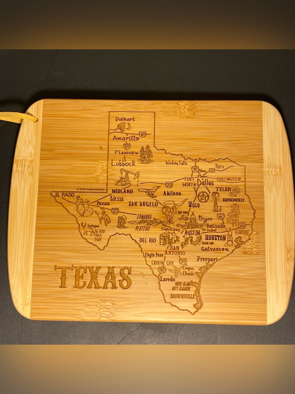 Totally Bamboo Texas State Map Chopping Cutting Board Tan Brand New 11” x 8.75”